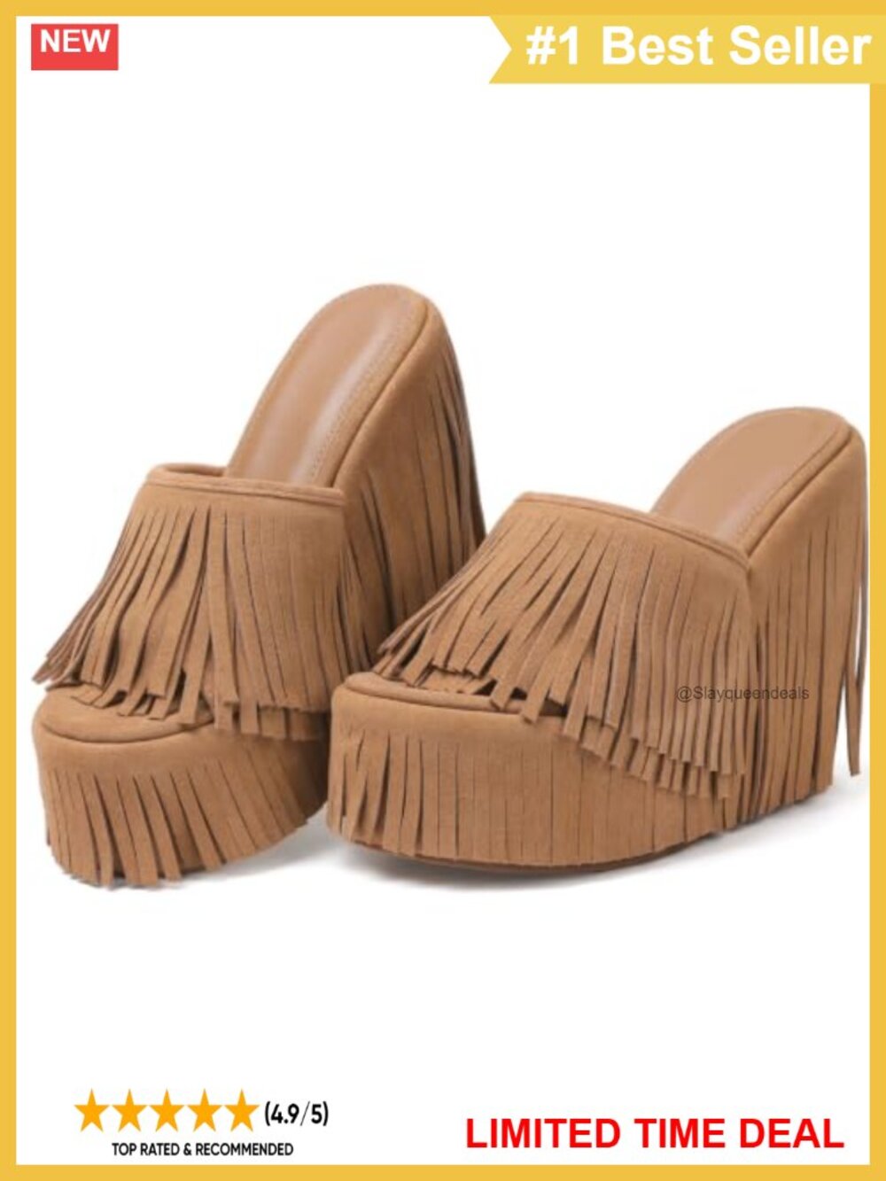 Suede Fringe Tassel Platform Wedge Sandals Open Toe Slip On